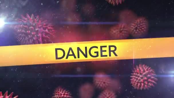 Animation Words Quarantine Danger Virus Written Yellow Tape Macro Coronavirus — Stock Video