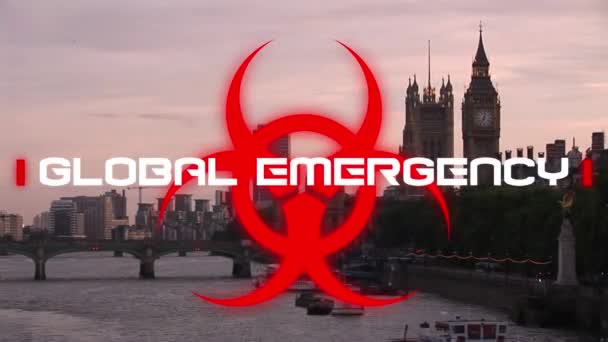 Animation Words Global Emergency Written Red Health Hazard Sign London — Stock Video