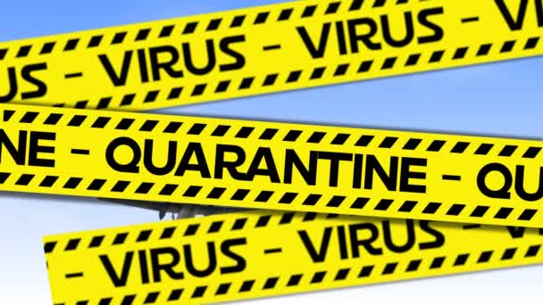 Animation Words Quarantine Virus Written Yellow Black Tape Airplane Flying — Stock Video