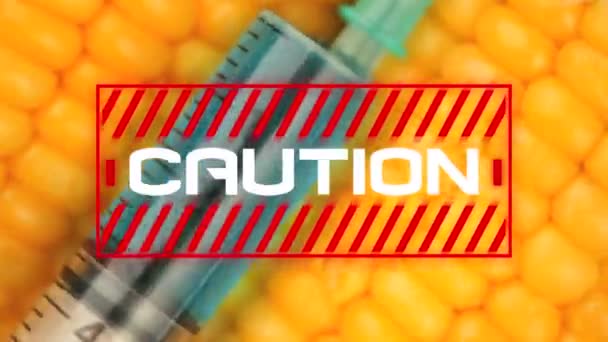 Animation Word Caution Written White Letters Red Frame Syringe Needle — Stock Video