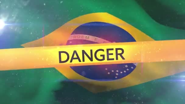 単語のアニメーションブラジルの旗の上に黄色のテープに書かれた危険 隔離およびウイルス 世界的なパンデミックコロナウイルスCovid 19感染症の社会的距離と隔離ロックダウン概念における自己分離デジタル生成画像 — ストック動画