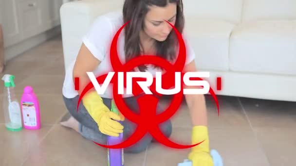 Virüs Kelimesinin Kırmızı Sağlık Tehlikesi Işareti Arka Planda Yerleri Temizleyen — Stok video