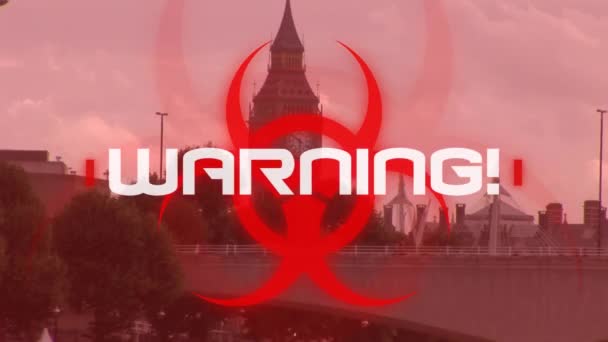 Animation Des Wortes Warnung Über Rotes Warnschild Und Londoner Stadtbild — Stockvideo