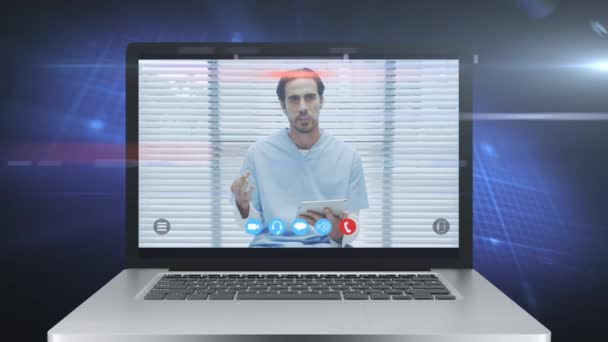 Animation Laptop Screen Showing Male Doctor Video Call Talking Using — Stock Video