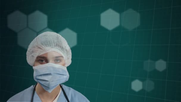 Animation Läkare Som Bär Ansiktsmask Tittar Kameran Grön Bakgrund Medicin — Stockvideo