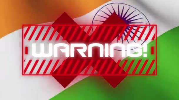 Animación Palabra Warning Escrito Letras Blancas Sobre Una Bandera India — Vídeos de Stock