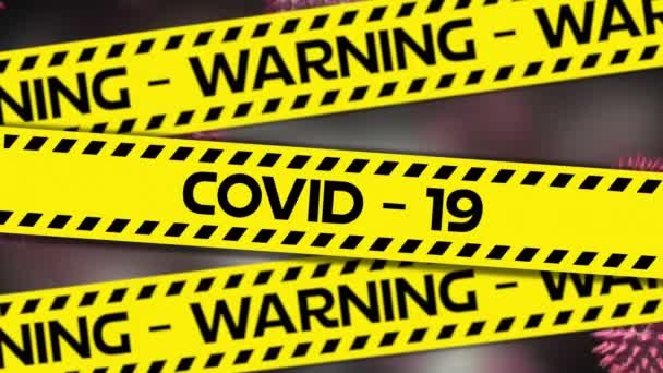 Animation Words Covid Warning Written Yellow Black Tape Macro Coronavirus — Stock Video