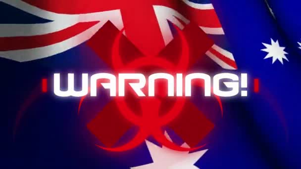 単語のアニメーション背景にオーストラリアの旗の上に白で書かれた警告 世界的なパンデミックコロナウイルスCovid 19感染症の社会的距離と隔離ロックダウン概念における自己分離デジタル生成画像 — ストック動画