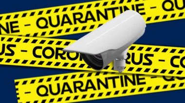 Karantina ve Coronavirus kelimelerinin animasyonu sarı uyarı bantlarına siyah harflerle yazılmış CCTV kamera kayıtları ve mavi arka planda yayılan Coronavirus Covid-19 ile birlikte.. 