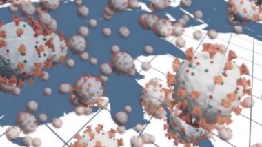 Kırmızı lokasyon iğneleri ve arka plandaki küreye yayılan Coronavirus Covid-19 makro hücrelerinin animasyonu. Tıp genetiği bilimi Coronavirus Covid salgını konsepti dijital olarak oluşturulmuş görüntü.