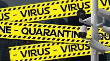 Karantina ve Virüs kelimelerinin animasyonu sarı uyarı kasetlerine siyah harflerle yazılmıştı. Kamera kayıtları ve Coronavirus Covid-19 yayılıyordu. Arka planda şehir manzarası vardı..