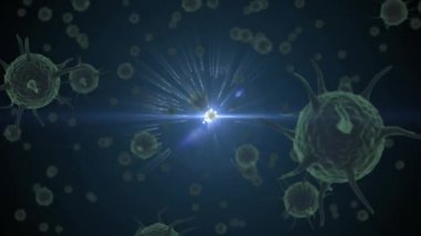 Koyu mavi arka planda parlayan dünyaya yayılan Coronavirus Covid-19 'un makro hücrelerinin animasyonu. Tıp genetiği bilimi Coronavirus Covid salgını konsepti dijital olarak oluşturulmuş görüntü.