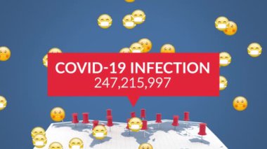 Covid-19 Enfeksiyonu kelimesinin animasyonu kırmızı pankartta uçan bir grup emoji, Coronavirus Covid-19 yayılışı, Pinson Blue arkaplanlı dünya haritası. 