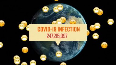 Covid-19 Enfeksiyonu kelimesinin animasyonu. Sarı pankartta, uçan bir grup emoji, yayılan bir koronavirüs Covid-19, arka planda dönen bir dünya.. 