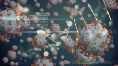 Coronavirus Covid-19 'un makro hücrelerinin DNA iplikçiklerine yayılması ve mavi arka planda veri işlemesi. Tıp genetiği bilimi Coronavirus Covid salgını konsepti dijital olarak oluşturulmuş görüntü.