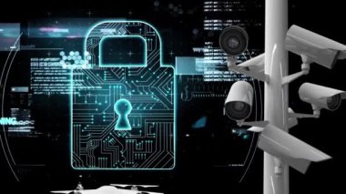 İHA uçuşlarının animasyonu, çevrimiçi güvenlik kilidi, CCTV kamera kayıtları ve kara arka plandaki veri işleme. Çevrimiçi güvenlik konsepti dijital olarak oluşturuldu.