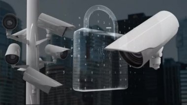 Çevrimiçi güvenlik kilidi animasyonu, CCTV kamera kayıtları, veri işleme ve arka planda şehir manzarası. Çevrimiçi güvenlik kavramı dijital olarak oluşturuldu.