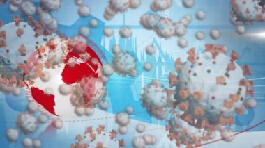 Mavi arka planda parlayan dünyaya yayılan Coronavirus Covid-19 'un makro hücrelerinin animasyonu. Tıp genetiği bilimi Coronavirus Covid salgını konsepti dijital olarak oluşturulmuş görüntü.