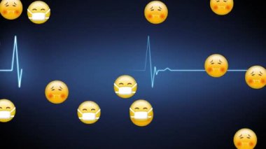 Kalp atış hızı monitörünün üzerinden uçan bir grup emojinin animasyonu. Mavi arka planda yayılan Coronavirus Covid-19..