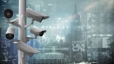 Arka planda insansız hava aracı, CCTV kameraları kaydı ve Coronavirus Covid-19 yayılımı, şehir manzarası, veri işleme ve istatistik kaydı animasyonu.