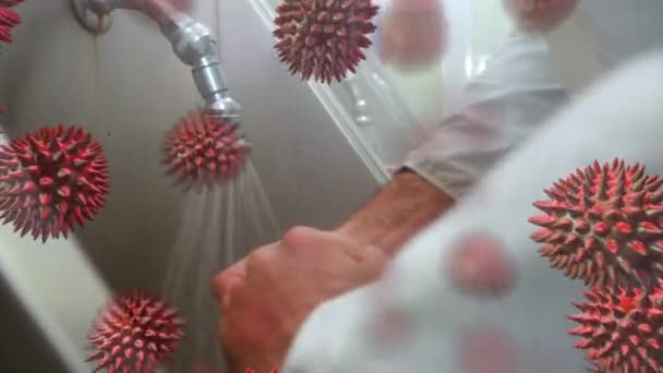 Animación Células Macro Coronavirus Covid Extendiéndose Sobre Hombre Lavándose Las — Vídeo de stock