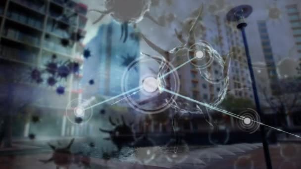 Makro Coronavirus Covid Hücrelerinin Animasyonu Bir Şehir Caddesindeki Bağlantı Ağına — Stok video
