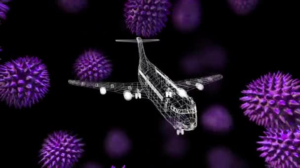 Animación Células Macro Coronavirus Covid Diseminadas Sobre Plano Técnico Avión — Vídeos de Stock