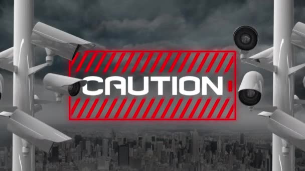 Caution 이라는 단어의 애니메이션은 Cctv 카메라가 움직이고 코로나 바이러스 Covid — 비디오