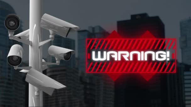백서로 쓰여진 경고라는 단어의 애니메이션 Cctv 카메라 녹화와 코로나 바이러스 — 비디오