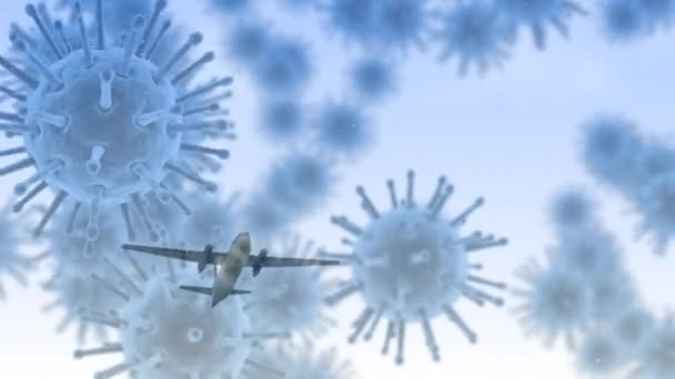 Animation Macro Coronavirus Covid Cells Spreading Passenger Jet Plane Flying — Stock Video
