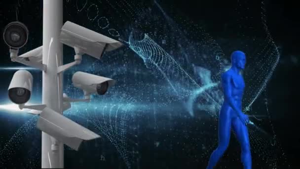 背景に青色の人間モデル オンラインセキュリティ南京錠 Cctvカメラの記録 データ処理や統計処理のアニメーション グローバルコンピューティングオンラインセキュリティコンセプトデジタル的に生成された概念 — ストック動画