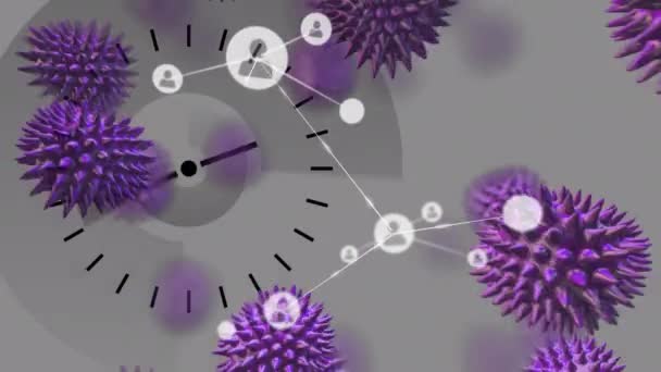 Animação Macro Coronavírus Células Covid Espalhadas Pela Rede Conexões Com — Vídeo de Stock