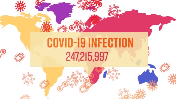 Covid 19という言葉のアニメーションコロナウイルスの細胞に黄色のバナーに書かれた数が増えて感染症Covid 19が広がり 白い背景に世界地図 — ストック動画