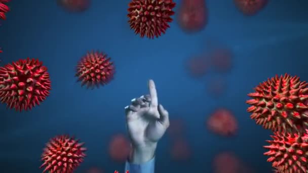 Анимация Руки Пальцем Указывающим Написанная Черными Буквами Поверх Макрокоронавируса Covid — стоковое видео