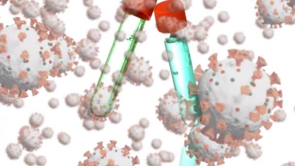 Animación Macrocélulas Del Coronavirus Covid Extendiéndose Sobre Tubos Ensayo Sobre — Vídeo de stock