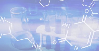 Arka planda duran test tüplerinin üzerindeki kimyasal elementin dijital çizimi. Halk sağlığı salgını Coronavirus Covid 19 salgın konsepti dijital bileşik.