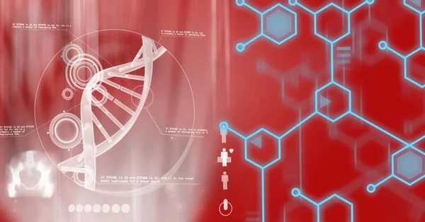 Illustrazione Digitale Icone Mediche Ceppo Dna Sfondo Rosso Medicina Salute — Foto Stock