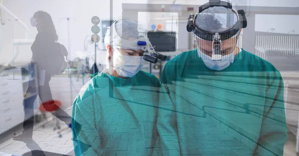 Ilustração Digital Cirurgiões Vestindo Trajes Proteção Máscaras Faciais Realizando Uma — Fotografia de Stock