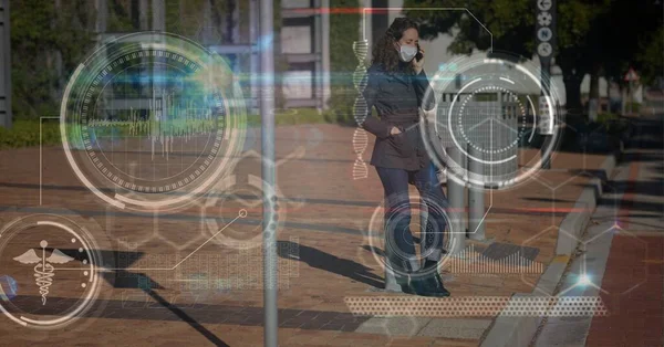 Digital Illustration Woman Wearing Face Mask Walking Street Talking Phone — Stock Photo, Image