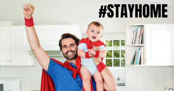 Orden Stayhome Skrivet Över Vit Man Och Baby Bär Capes — Stockfoto