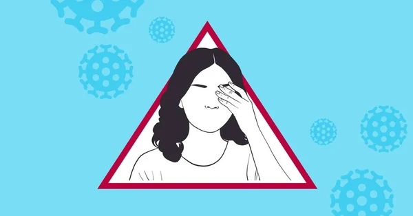 Цифровая Иллюстрация Предупреждающего Знака Женщиной Трогающей Лицо Пандемический Коронавирус Общественного — стоковое фото