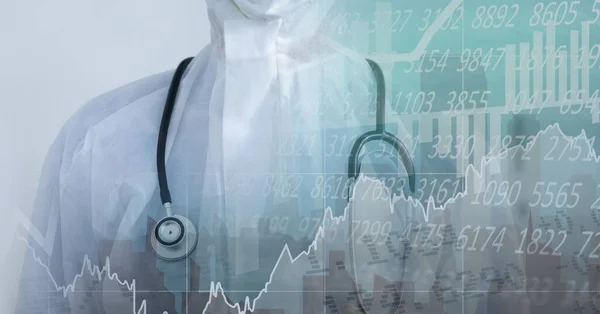Digital Illustration Läkare Som Bär Ansiktsmask Över Databehandling Statistik Som — Stockfoto