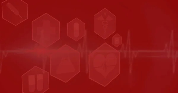 Digitale Darstellung Medizinischer Symbole Über Einem Herzschlagmonitor Auf Rotem Hintergrund — Stockfoto