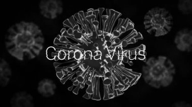 Corona Virüsü 'nün 3 boyutlu makro Coronavirus Covid-19 hücrelerine siyah arka plana yayılmış beyaz harflerle yazılmasının animasyonu. Küresel tıp halk sağlığı Coronavirüs Covid 19 salgın konsepti dijital olarak oluşturulmuş görüntü.