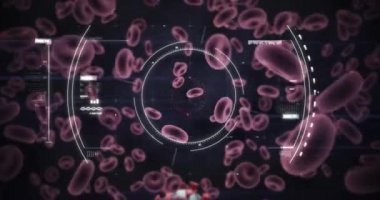 Kapsam taraması ve Coronavirus Covid-19 hücresinin siyah arka plandaki kan hücreleri aracılığıyla kontrol edilmesi. İlaç halk sağlığı salgını Coronavirus Covid 19 salgın kavramı dijital olarak üretilen görüntü.