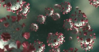 Gri arkaplanda sıvı içinde yüzen makro Coronavirus Covid-19 hücrelerinin animasyonu. İlaç halk sağlığı salgını Coronavirus Covid 19 salgın kavramı dijital olarak üretilen görüntü.