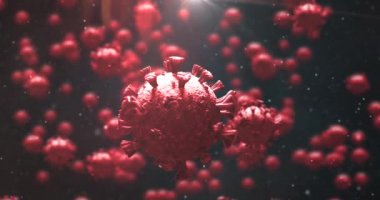 Siyah arka planda sıvı içinde yüzen makro Coronavirus Covid-19 hücrelerinin animasyonu. İlaç halk sağlığı salgını Coronavirus Covid 19 salgın kavramı dijital olarak üretilen görüntü.