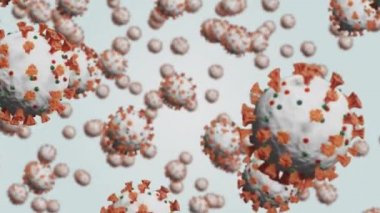 Çoklu beyaz ve turuncu Coronavirüs Covid 19 hücrenin canlandırılması beyaz arka planda yayılıyor ve enfekte oluyor.. 