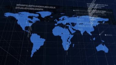 Arka planda küresel koronavirüs yayılımını gösteren mavi ve kırmızı dünya haritalı veri işleme kaydının animasyonu.