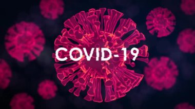 Siyah arkaplana yayılan 3 boyutlu pembe renkli makro koronavirüs Covid-19 hücreli beyaz renkli Covid-19 kelimesinin animasyonu.